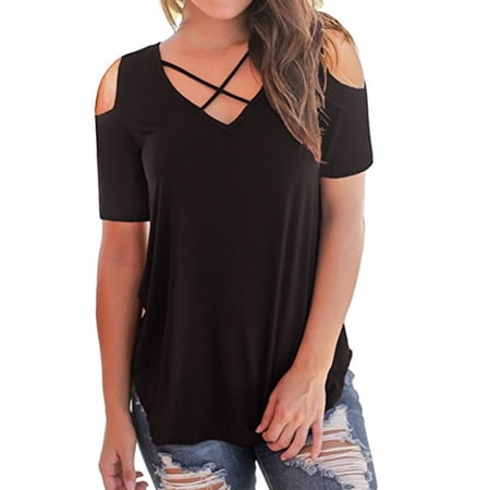 All-Over Print Women's Cold Shoulder T-shirt With Criss Cross Strips main image 0