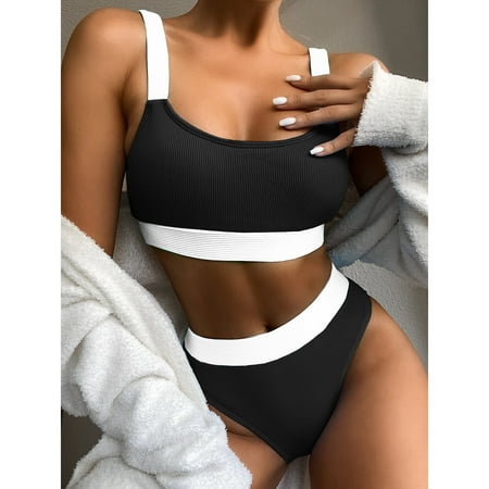 Fancifize Womens Bikini Set Two Piece Sporty Color Block Scoop Neck Swimsuit with High Waisted Bottoms Bathing Suits Ribbed Swimwear