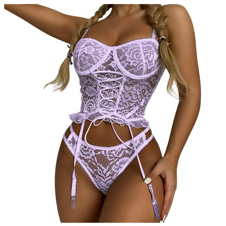 

Ydkzymd Womens Lingerie with Garter Ruffle Lace Lace Up Sexy Bra and Panty Sets Plus Size Multicolor M
