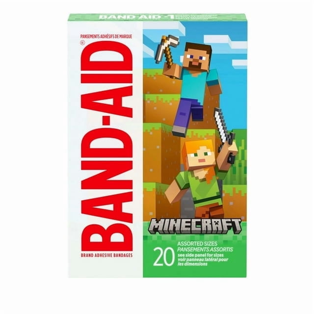 Band-Aid Bandages Adhésifs de Marque pour Petites Coupures et Éraflures, Soins des Plaies avec Motifs Minecraft, Bandages Amusants pour Enfants et Tout-Petits, Tailles Assorties, 20 Unités