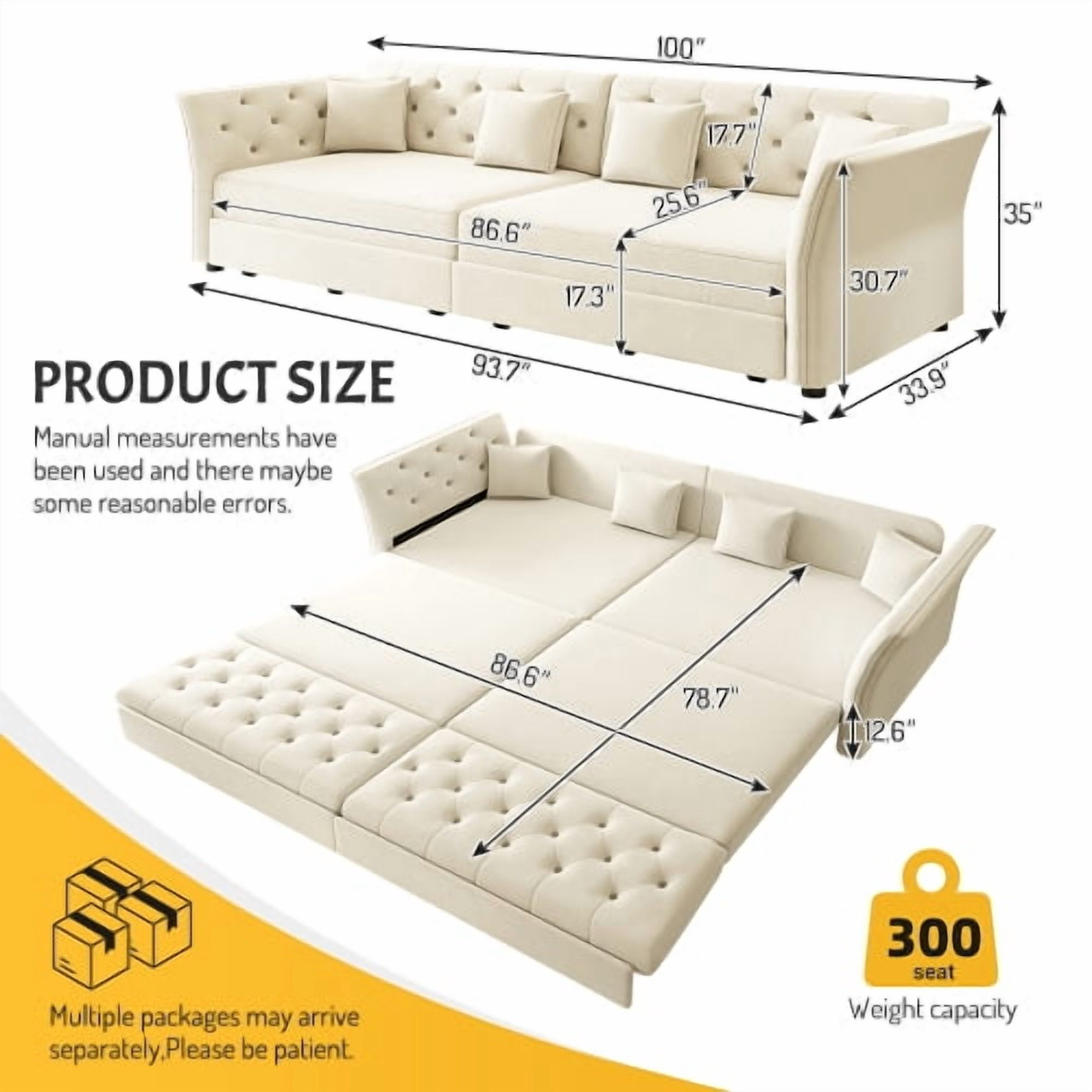74.4" Queen Pull Out Sofa Bed, Convertible Sleeper Sofa with Handmade Fabric Flower Tufted Design, Multi-Functional Velvet Loveseat Bed for Living Room, Bedroom, Beige