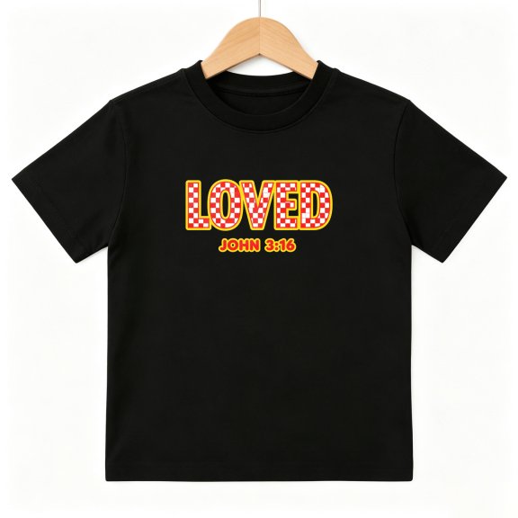 Loved John 316 Boys Graphic Tee, Red Plaid Christian Bible 100% Cotton Kids Short Sleeve T-Shirt