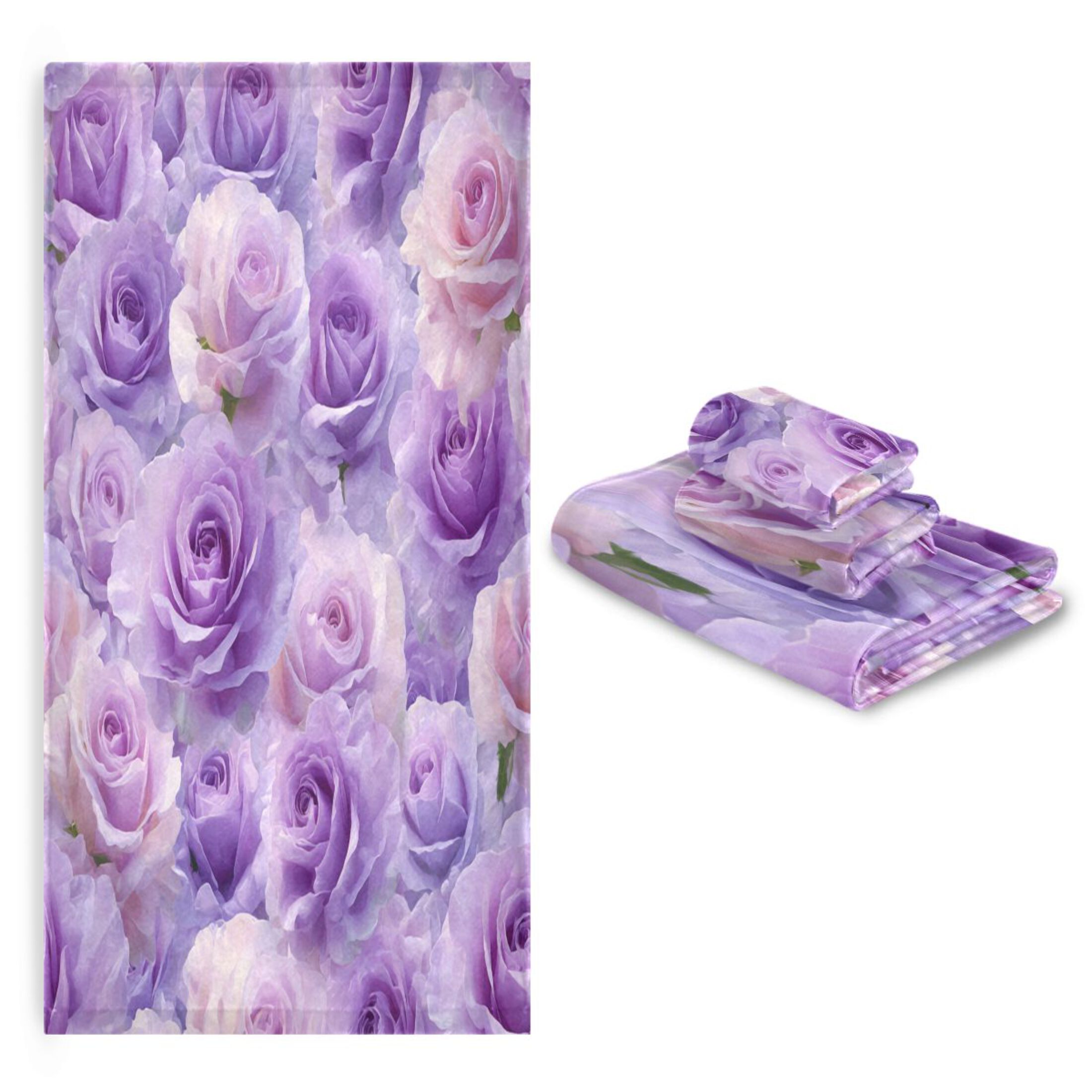 3 Piece Bath Towels Set Bath Towel, Hand Towel and Face Towel for Bathroom, Gym, Hotel Light Purple Roses Pattern