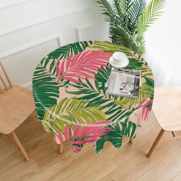 RKSupls 60 Inch Round Tablecloth, Tropical Leaves Pink Green Premium Polyester Straight Edge Wrinkle Resistant Washable Table Cover for Party Home Dining Decor