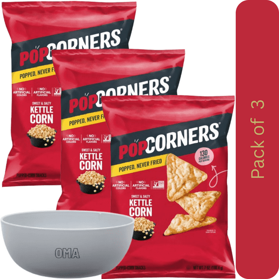 PopCorners Kettle Corn Popped Corn Chips, 3 Pack (7 oz Each) – with Bowl by OMA