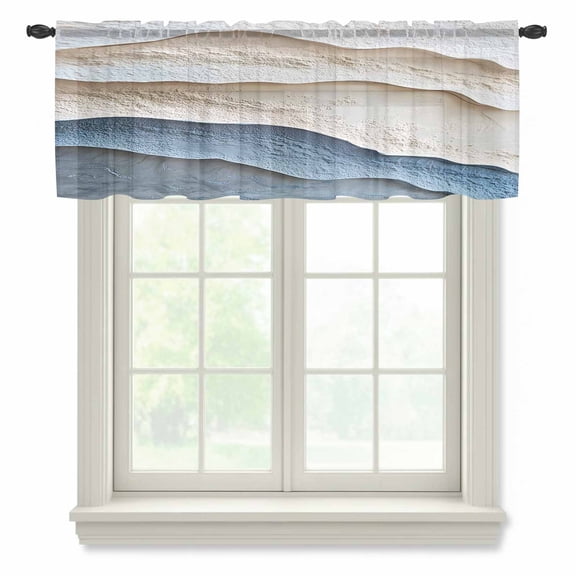 Blue Beige Valance Curtains for Kitchen/Living Room/Bathroom/Bedroom Window, Rod Pocket Small Topper Half Short Window Curtains Voile Sheer Scarf, Modern Coastal Wave Abstract Art 60"x18"