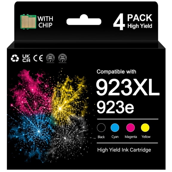 Compatible for HP 923 923e Ink Cartridge WITH Chip 923 923e 923XL OfficeJet Pro 8130 8135e 8138e 8139e 8120 8122e OfficeJet 8124e 8125e 8132e 8134e Printer Black Cyan Magenta Yellow (4-Pack)