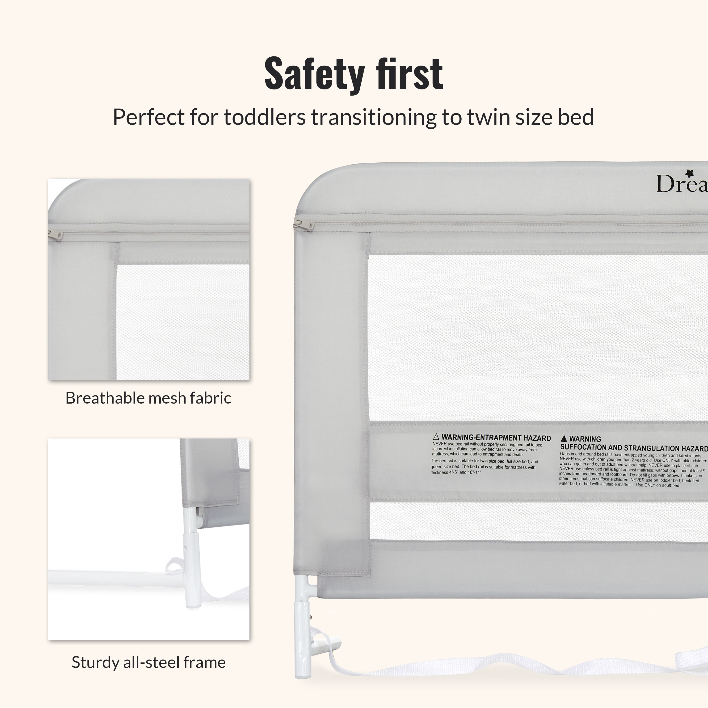 Dream On Me Lightweight Mesh Security Adjustable Bed Rail for Toddler in Gray, Fits for Twin, Full, Queen, Toddlers and Bunk Size Beds with a Mattress height less than 5" inches only.