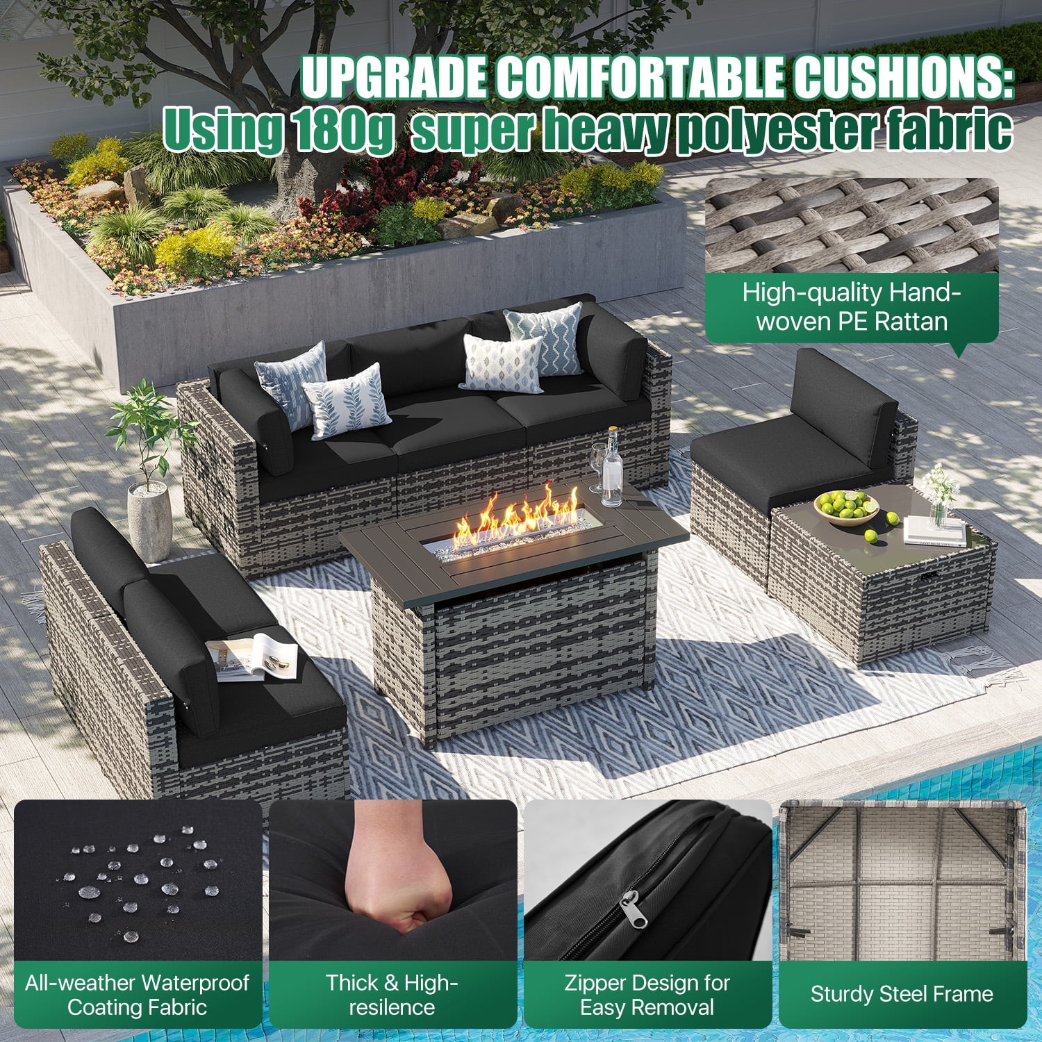 Clouddwell 12 Piece Patio Furniture Set with 44” Fire Pit Table Wicker Rattan Patio Conversation Set Outdoor Sectional Sofa Set with Coffee Table and Black Cushions(Waterproof Cover Included)
