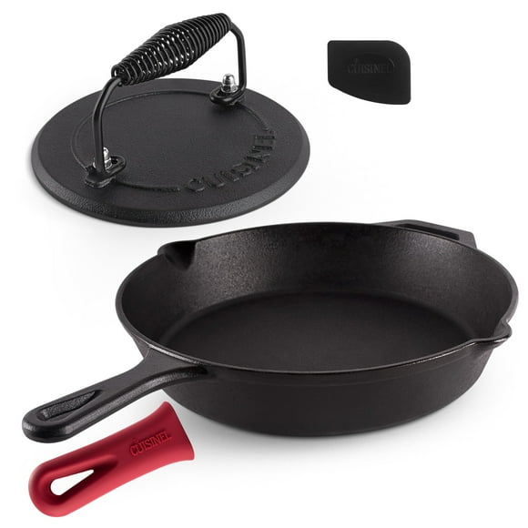 Juego de sartenes de hierro fundido Cuisinel de 30 cm con prensa para asar y raspador