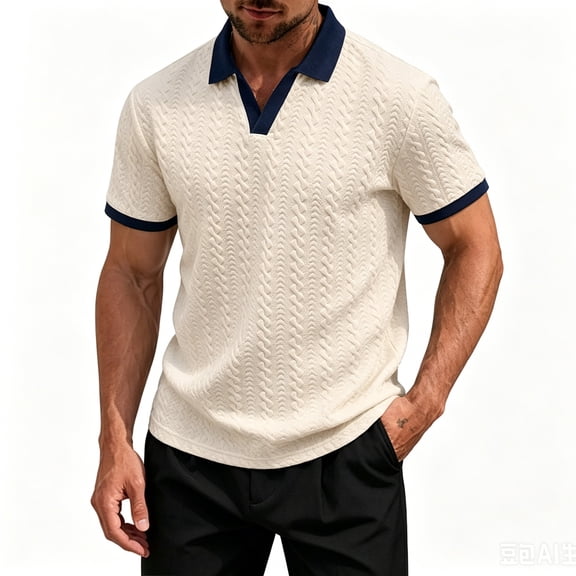 OIOLOYJM Men's Casual Short Sleeve Cable Knit Texture Polo Shirts Cotton Stretch V Neck Johnny Collared Tee Summer Vacation Travel Beach Lounge Golf Shirts Beige L