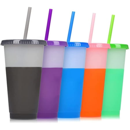 

32oz Color Changing Cups with Lids & Straws - 5 Pack Reusable Party Cold Drinking Cup for Kids & Adults - Plastic Beverage Juice Smoothie Iced Coffee Tumbler Bulk with Boba Straw