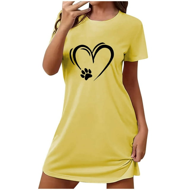 Tnhcen Robe de Nuit Grande Taille Été Manches Courtes Col Rond Imprimé Mignon Polyester Spandex Doux P-2TG pour Maison/détente