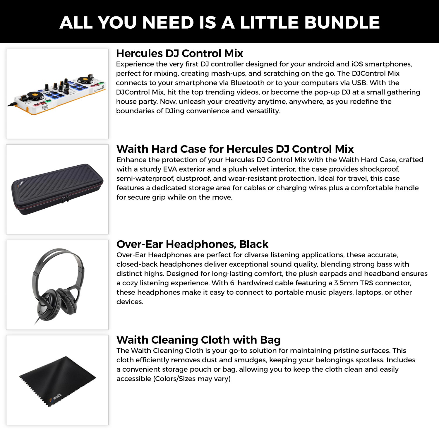 Hercules DJ Control Mix - Blue Wireless Bluetooth DJ Controller with Over Ear Headphones (Black), Waith Control Mix Case and Waith Cleaning Cloth - Algoriddim djay Software Included (Bundle Set)