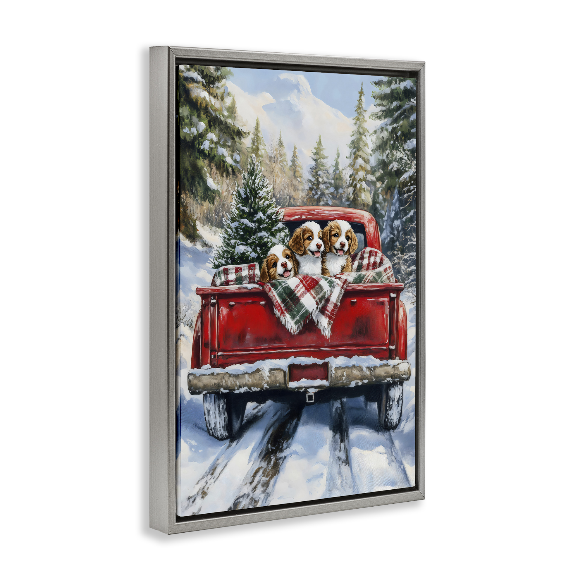 Christmas Truck Pups Trio Gray Framed Floater Canvas Wall Art, design by Petal Prints Design