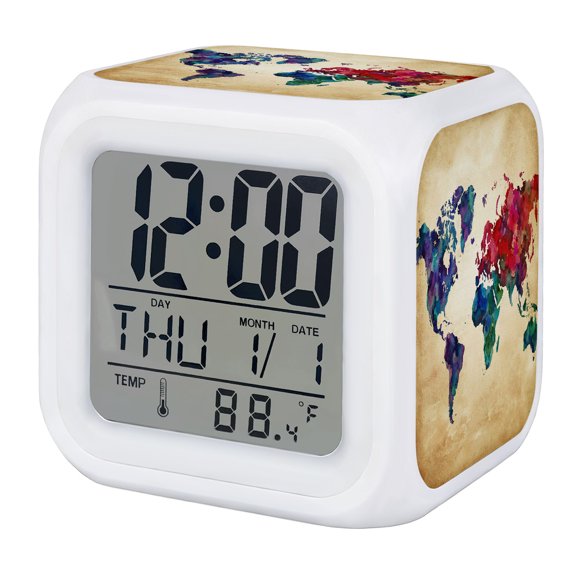 Vintage Map Digital Alarm Clock for Bedrooms, Smart LED Alarm Clock with 7 Color Changing Night Light, Travel World Map Watercolor Splashes Silent Wake Up Clocks for Sleep Study Cooking 3.2"x3.2"