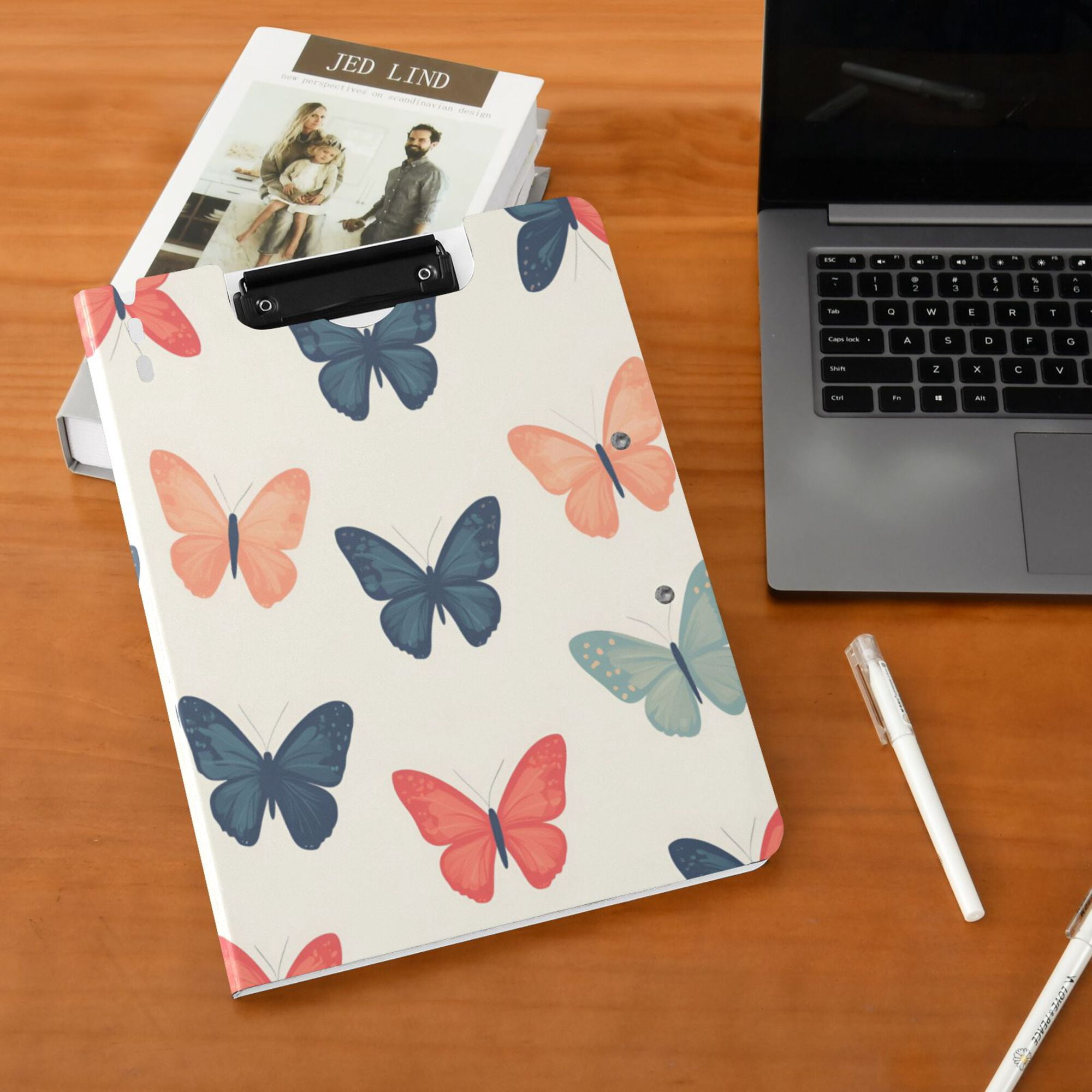 FORMRS A4 Clipboard Folder with Pen Holder Horizontal Foldable School Office Binder, Orange Butterflies