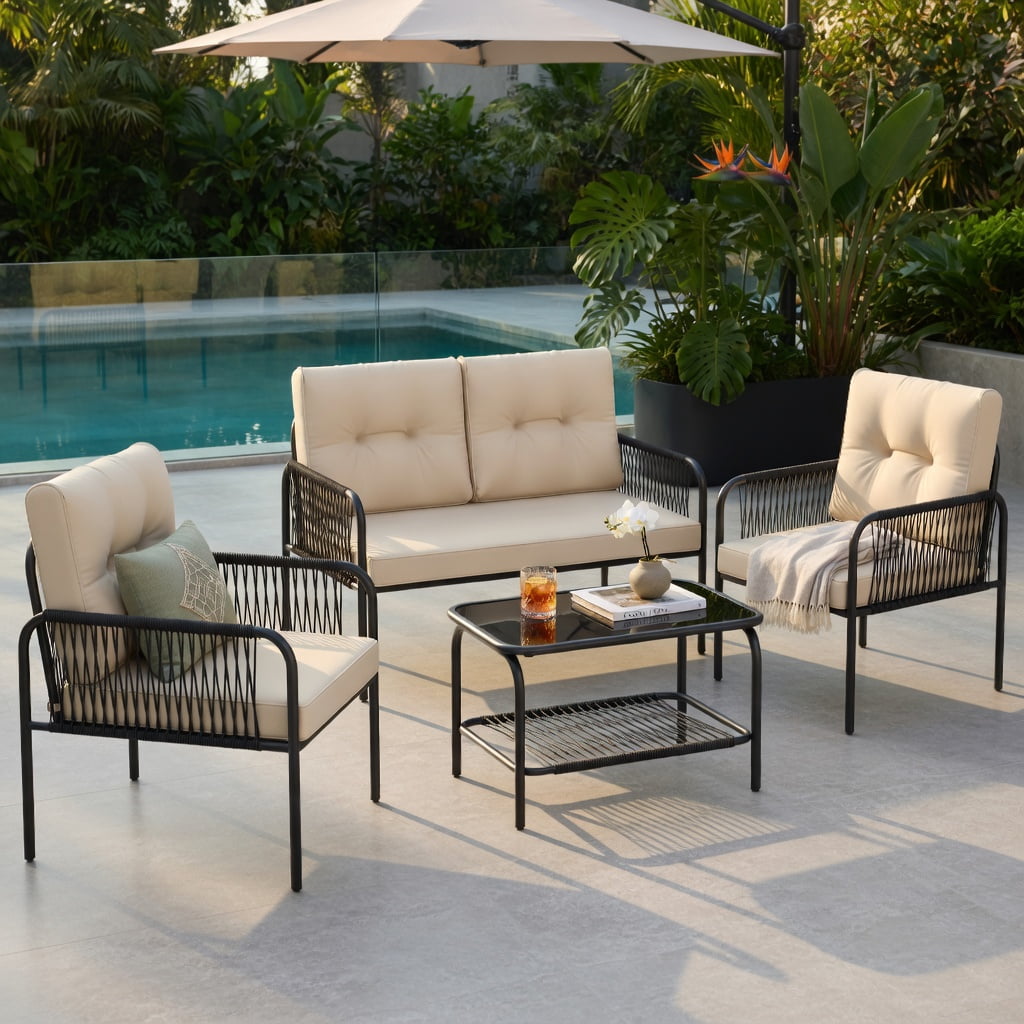 Hommoo 4-Piece PE Rattan Patio Furniture Set, Loveseat, 2 Chairs, Coffee Table with Removable Cushions for Backyard, Poolside & Patio, Beige