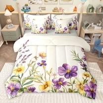 Homewish Rustic Flower Lavender 7pcs Bedding Comforter Set,Country Floral Queen Bedding Sets,Purple Beige Green Queen Sheet Sets For Girls,Microfiber Bedroom Decor Reversible