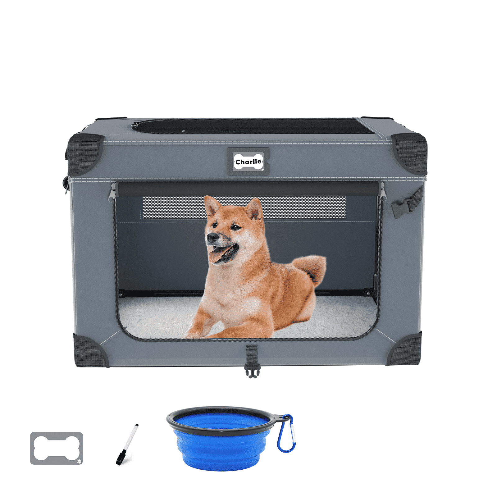 24 Portable Collapsible Dog Crate, Soft Foldable Pet Kennel with 3-Door Mesh Windows, Soft Warm Blanket and Foldable Bowl for Cats & Small Dogs, Indoor & Outdoor