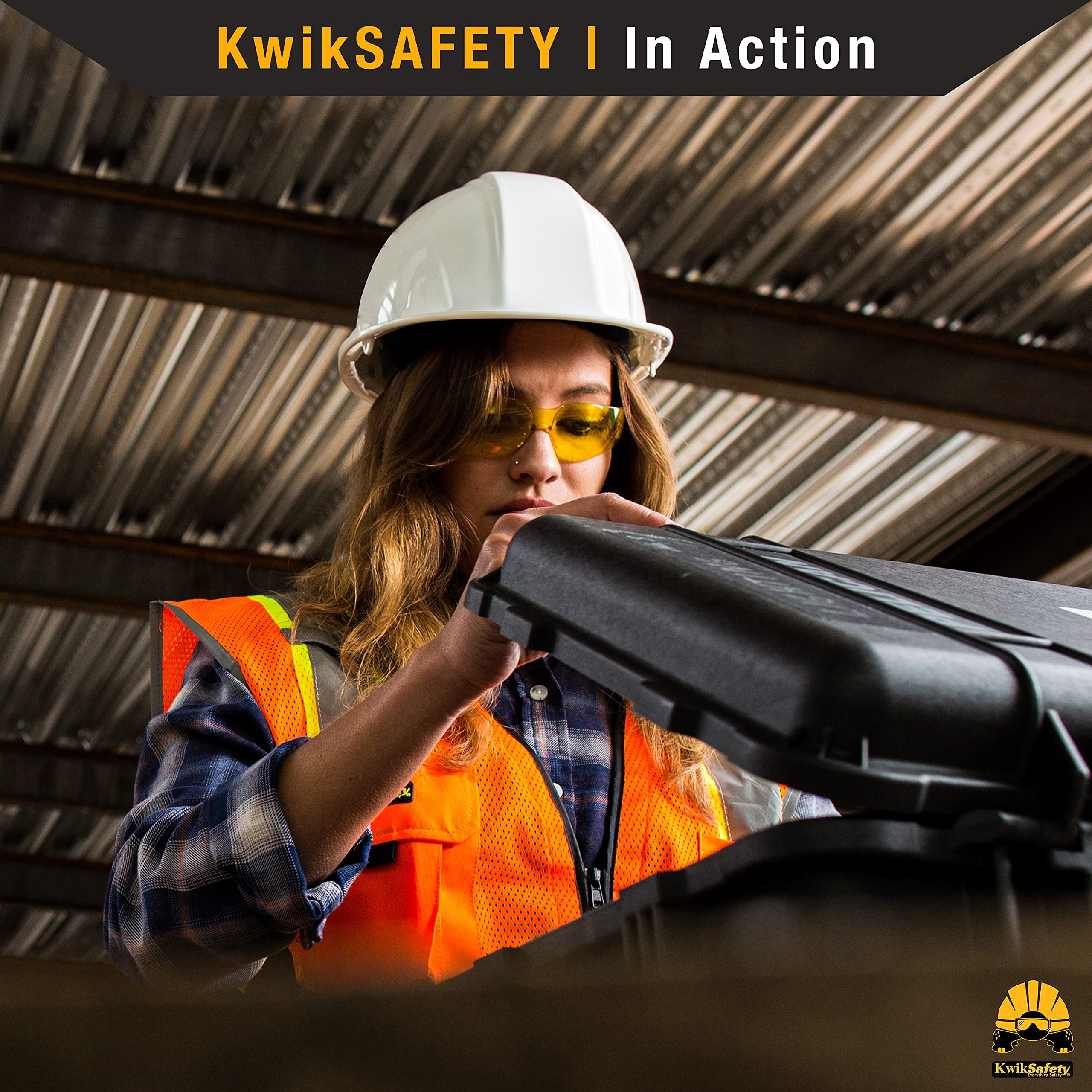 KwikSafety (Charlotte, NC) TURTLE SHELL VEST KIT (10 Vents) Standard Cap ANSI Hard Hat, Safety Glasses, Vests, Tool Lanyard, Sunshade, Sweatband, Earplugs Construction Gear, Type1, Class C, WHITE