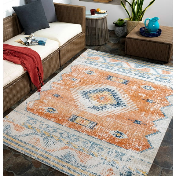 Hauteloom Southwestern Tribal Living Room Aztec Outdoor Area Rug for Patio - Native American Indie Carpet - Distressed - Moroccan Farmhouse - Orange, Yellow, Blue - 5'3" x 7'