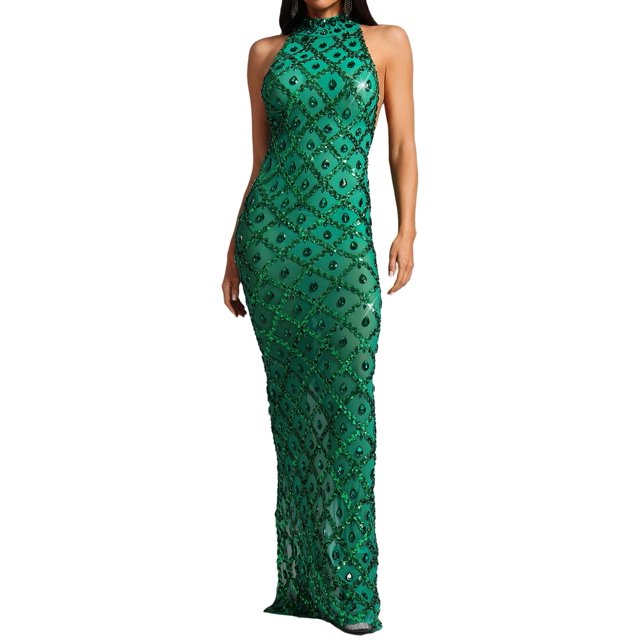 Vestido BELLA BARNETT con lentejuelas halter y cola de pez en verde vivo
