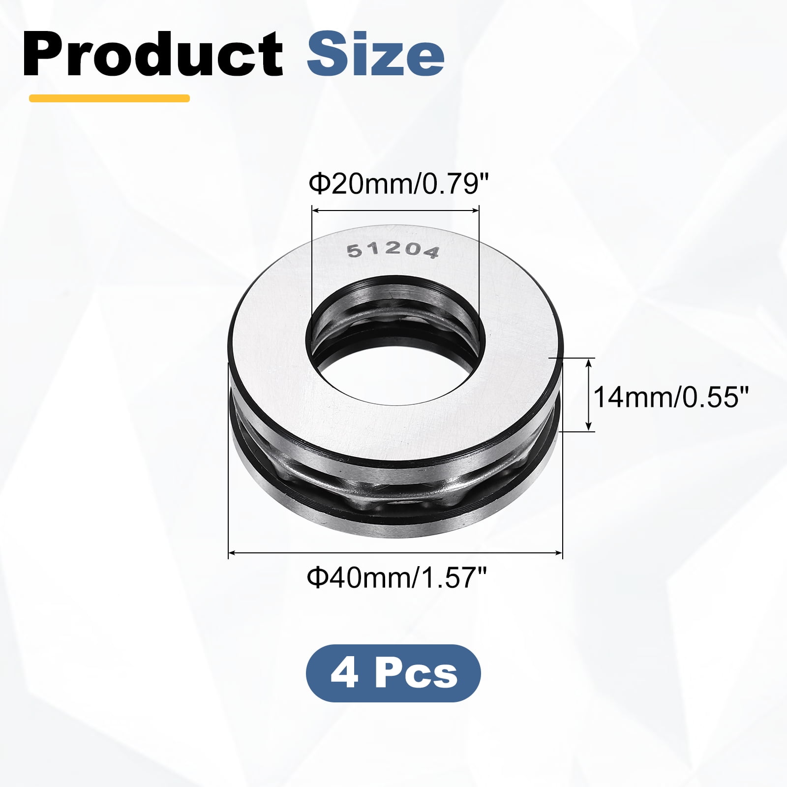 Uxcell 4 Pack Thrust Ball Bearings, 20mm Bore 40mm OD 14mm Thick 51204 Single Row Roller, Chrome Steel Axial Ball Bearing, ABEC5
