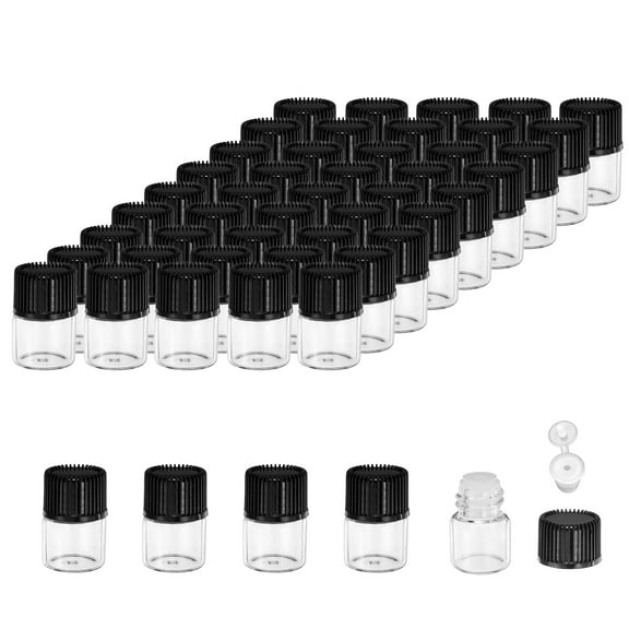 REGALWOVEN 1ml Essential Oil Bottles, 50 Pack Clear Glass Bottles with Orifice Reducer Sample Vial Slim Screw Cap, Black