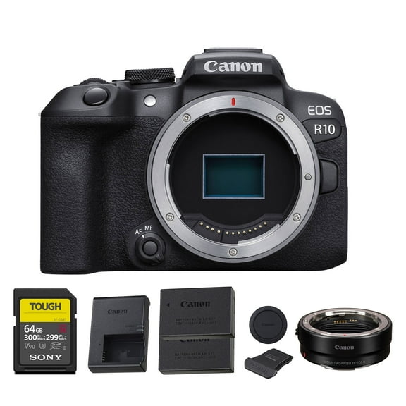 Canon EOS R10 Mirrorless Camera – Compact APS-C RF-Mount Camera with 24.2MP Sensor, 4K Video & Dual Pixel CMOS AF II (5331C002)   Canon Adapter EF-EOS R   64GB Memory Card   LP-E17 Battery   More