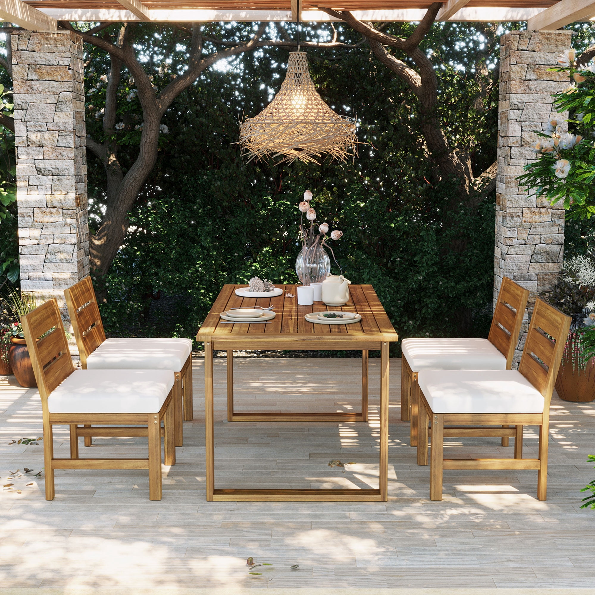 Mintazer 59" 5-Piece Outdoor Dining Set with Chairs & Cushioned, Farmhouse Patio Furniture Set for Garden Backyard Poolside, Brown & Beige