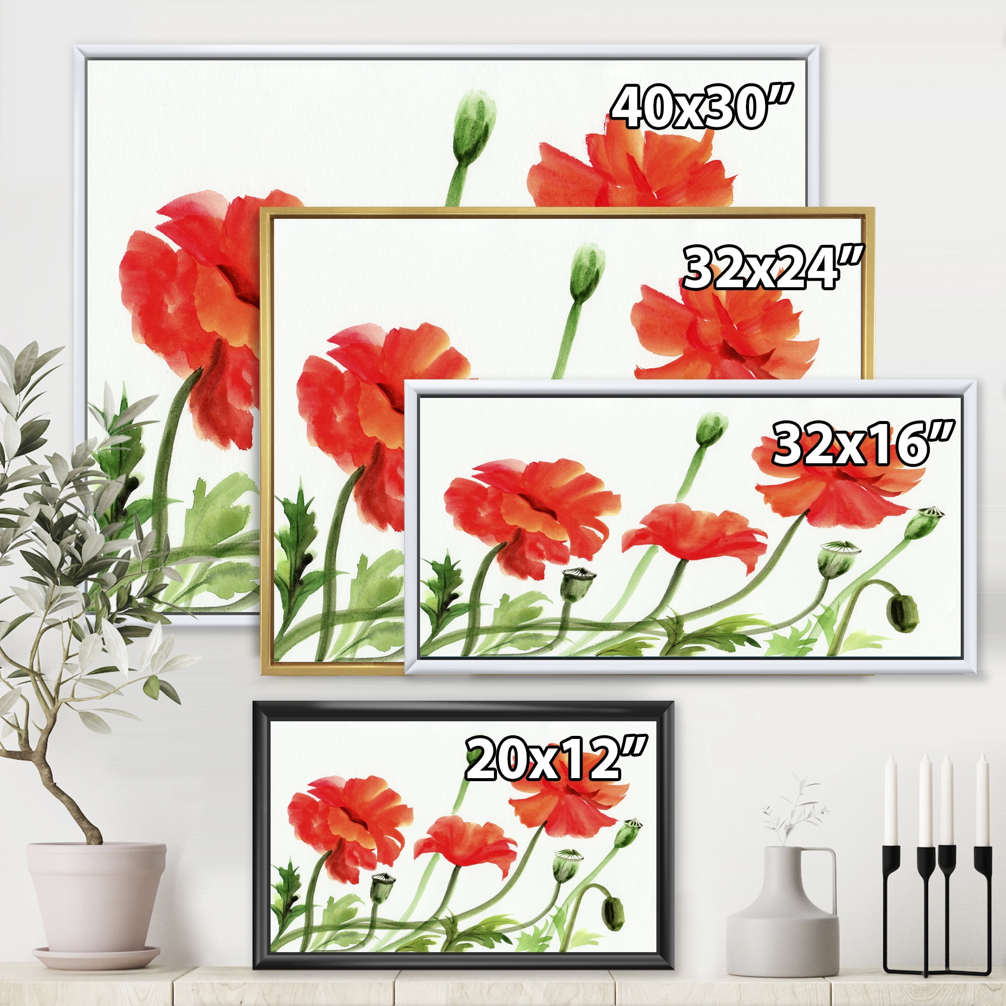 Designart 'Ancient Red Poppies III' Traditional Framed Canvas Wall Art Print