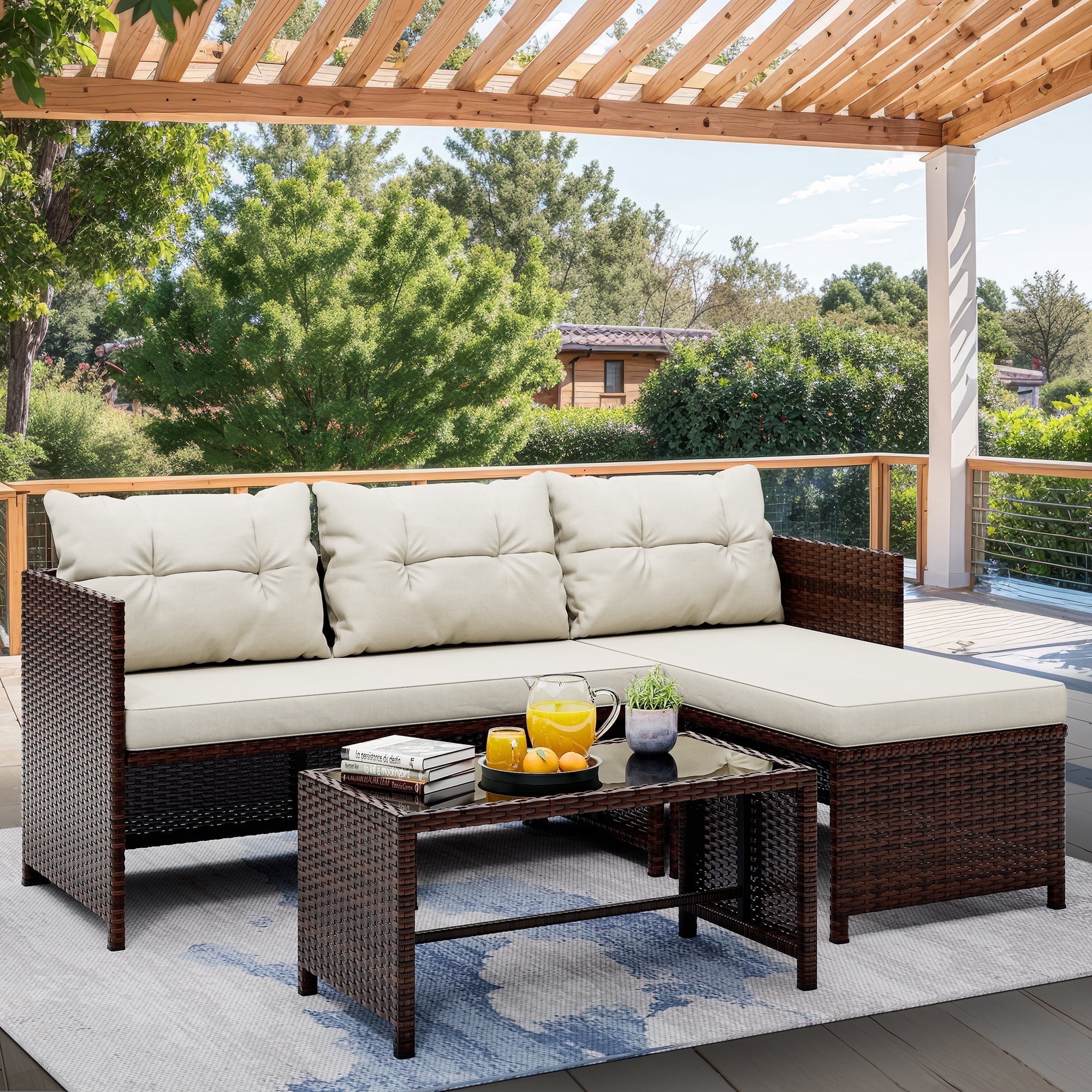 Walsunny 3 Pieces Patio Furniture Sectional Set, All-Weather Wicker Rattan Outdoor Furniture Set with Cushion and Glass Coffee Table, Patio Conversation Set for Garden, Backyard, Pool,Beige