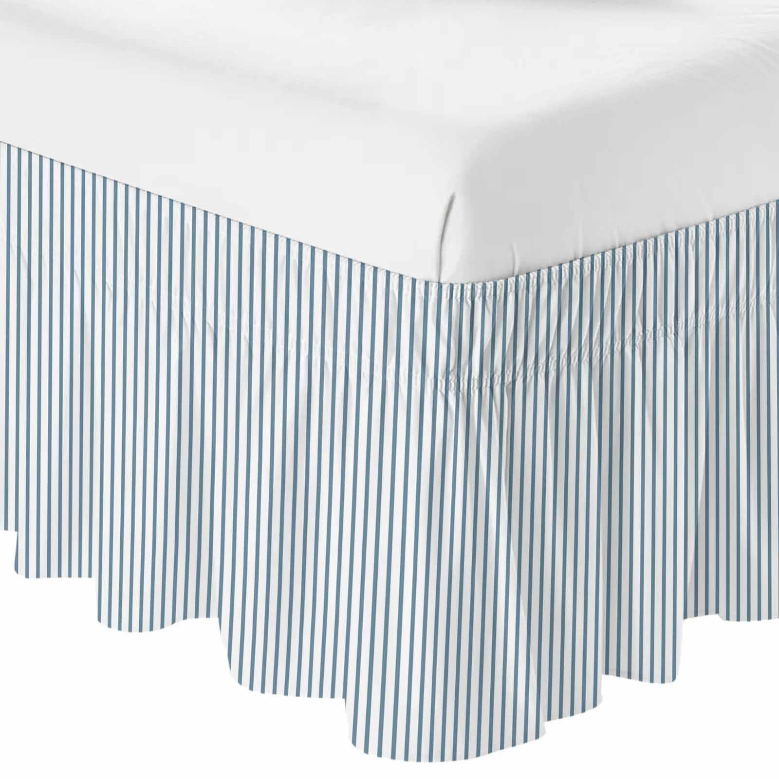 Bed Skirt Blue White Stripe Pattern Adjustable Elastic Wrap-Around Dust Ruffle with Simple Style Light Blue Pinstriped 16 Inch Drop, Bed Frame Cover for Queen Size Bed