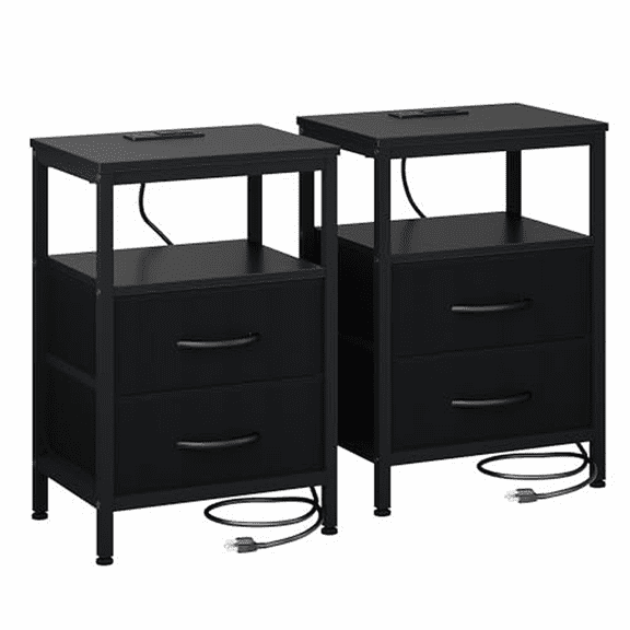 Topcobee Small Bedside Table with Charging Station and Two Fabric Drawers, End Tables Bedroom, Modern Furniture for Living Room Bedroom, 2Pcs, Black