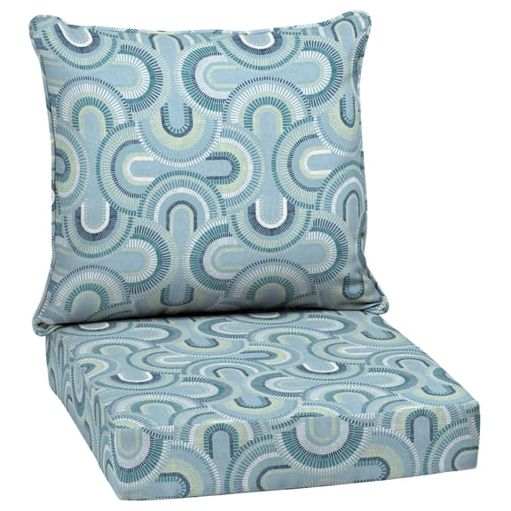 ARDEN Outdoor Deep Seat Cushion Set, 24 x 24, Water Repellant, Fade Resistant, Deep Seat Bottom and Back Cushion for Chair, Sofa, and Couch, Coastal Blue Geometric