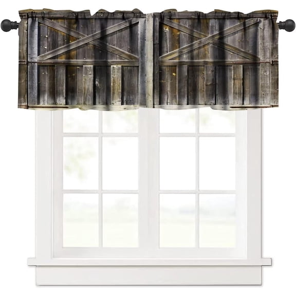 Rustic Valance Curtain Old Wooden Barn Door Farmhouse Countryside Village Board Rod Pocket Valance Window Treatments 1 Panel Short Curtains for Kitchen Living Room Decor 54 x 18 in