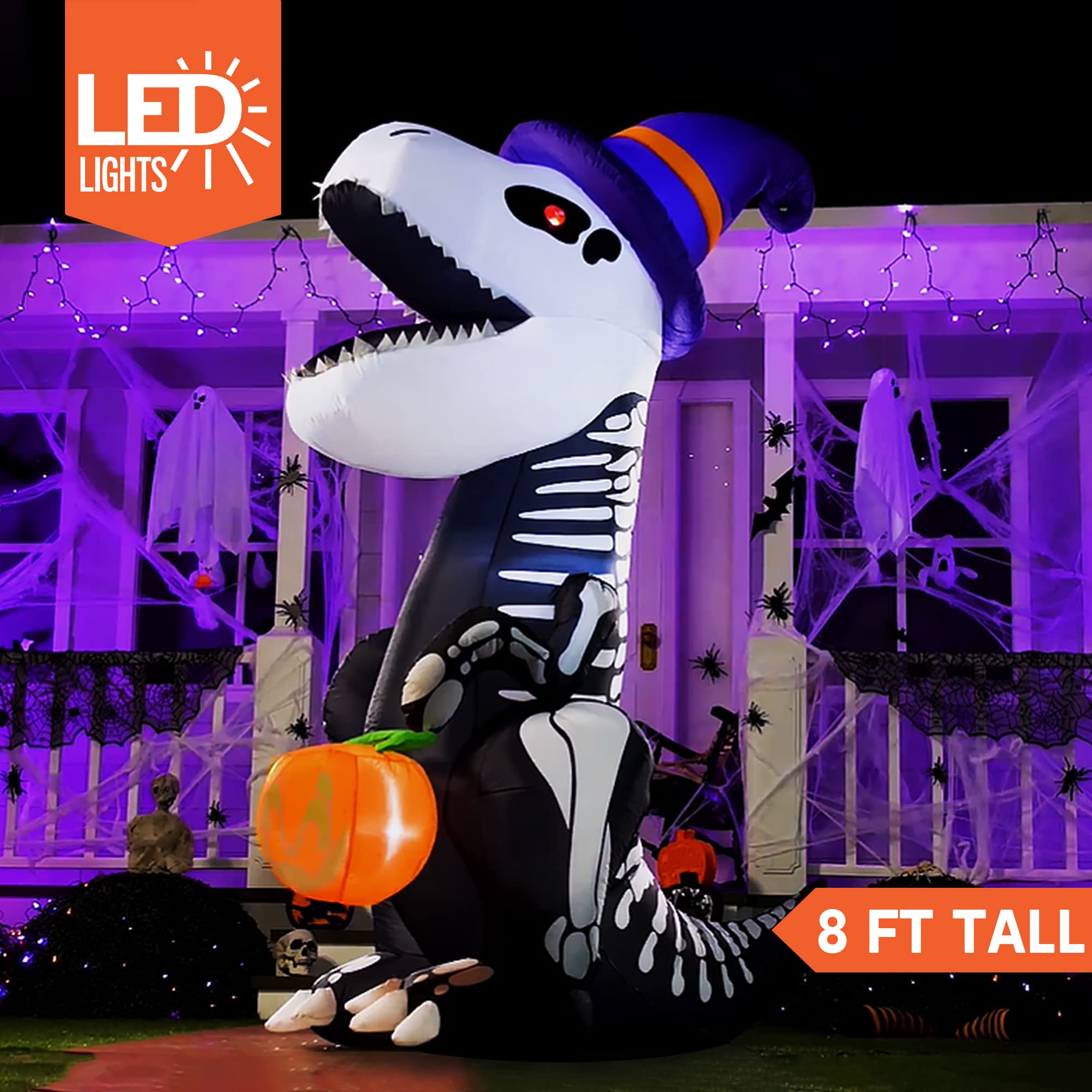 Joyfy 8-Foot Halloween Inflatable Skeleton Dinosaur with LED Lights photo 6