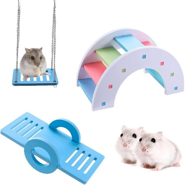 Casa de hámsteres DIY, escondite de jerbos de madera, puente de arcoíris, columpio, juego de juguetes deportivos para mascotas, planeador de azúcar, hámster sirio