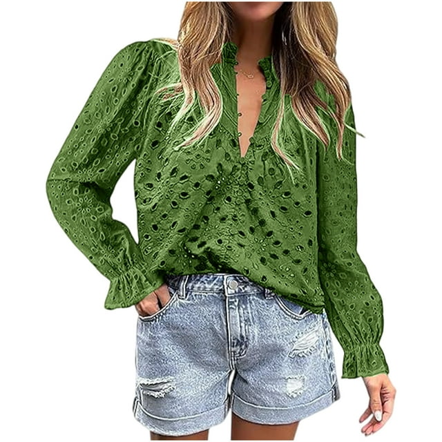 Timegard Womens Tops V Neck Button Hollow out Blouse Casual Ruffle Long Sleeve Shirts Tops Solid Color