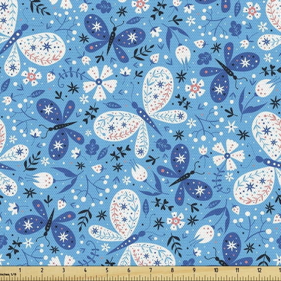 Spring Upholstery Fabric by the Yard, Nature Design Butterflies and Flowers Pattern, Decorative Fabric for DIY and Home Accents, Azure Blue Coral by Ambesonne