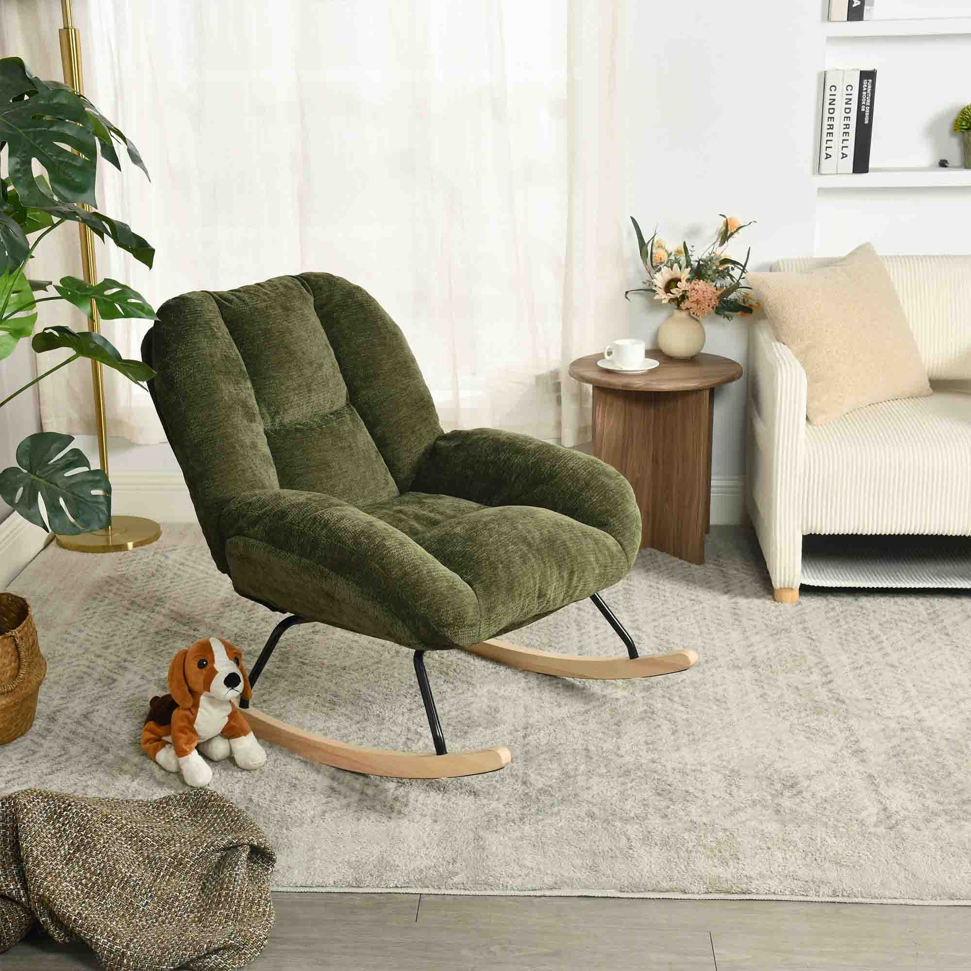 Homy Casa Green Upholstered Rocking Accent Chair, Oversized Lounge Chair with Wood Base