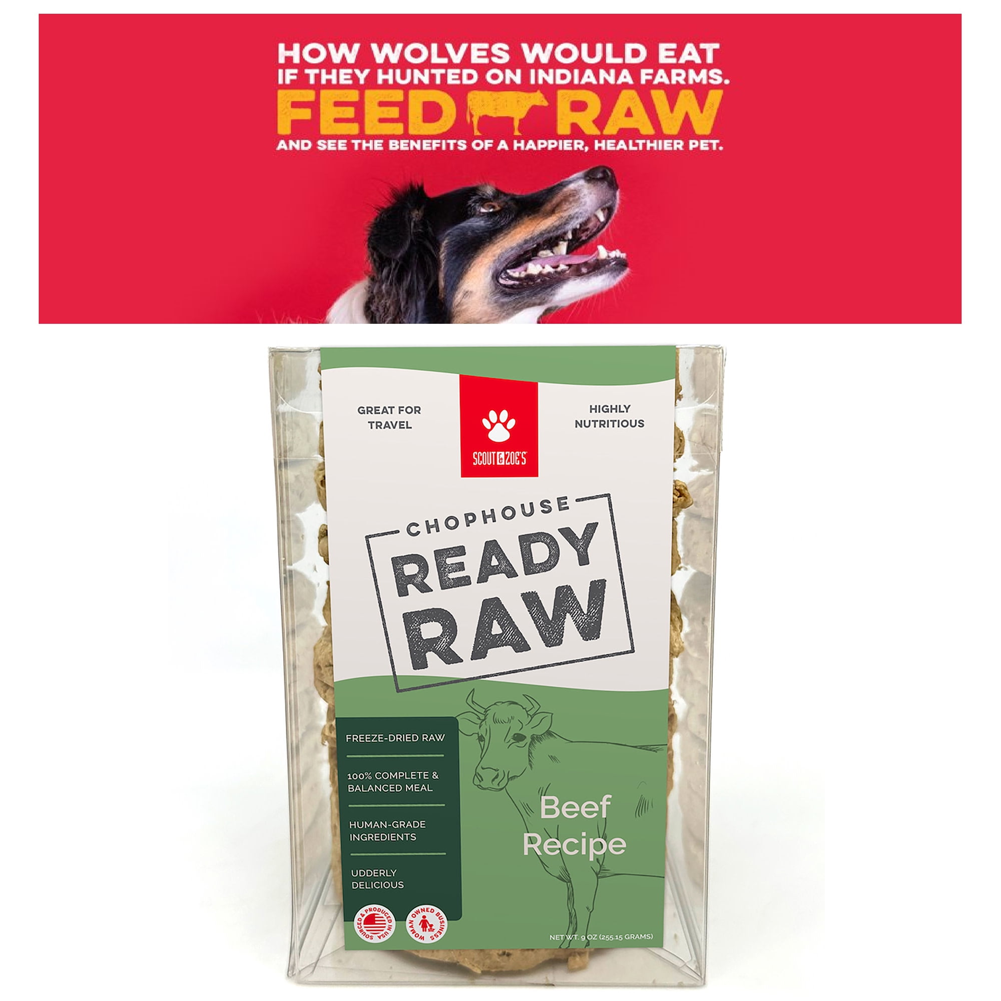 Scout & Zoe's: Chophouse Ready Raw - Beef - 9 Dog Food Freeze-Dried Patties, Limited Ingredient Complete Pet Meal, Rehydrated Meat Patty = 1lb Food