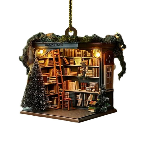 Colgante de estantería acrílico navideño 2026 | Adorno colgante con forma de árbol | Decoración navideña duradera para amantes de los libros | Decoración navideña apilable de 9,9 cm para interiores