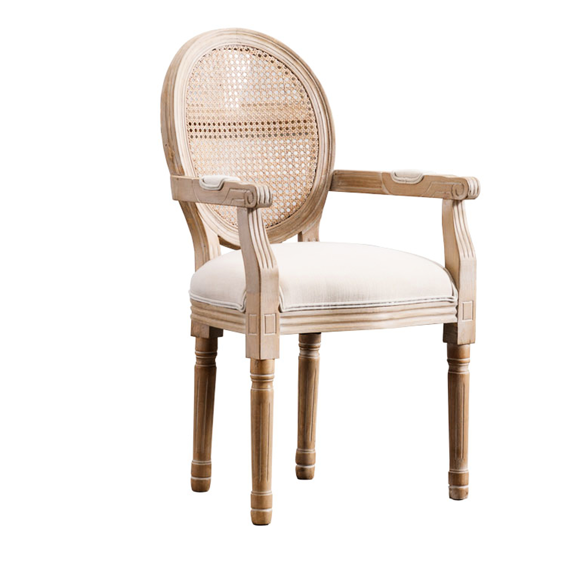 2 Beige French Vintage Armchair . Upholstered Fabric With Breathable Back. 100% Durability. Foam Filled Comfort. Solid Rubberwood Frame. Country Style Weathered Touch Pair. And Ventilated