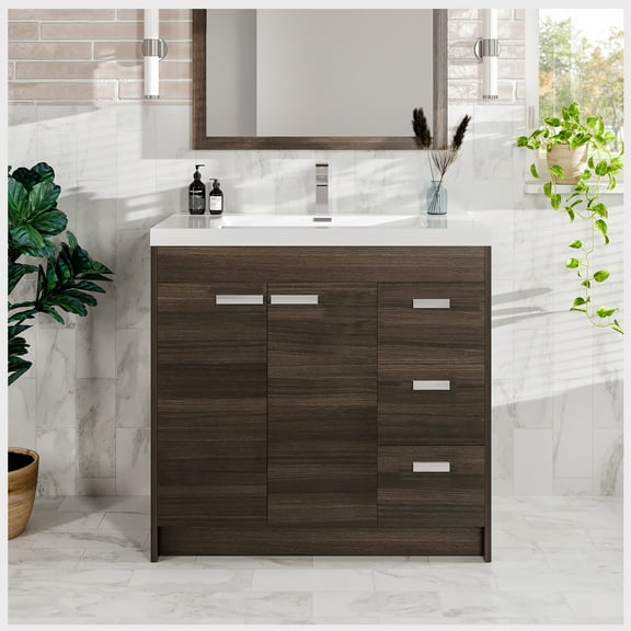 Eviva Lugano 36" Gray Oak Modern Bathroom Vanity with White Integrated Acrylic Sink