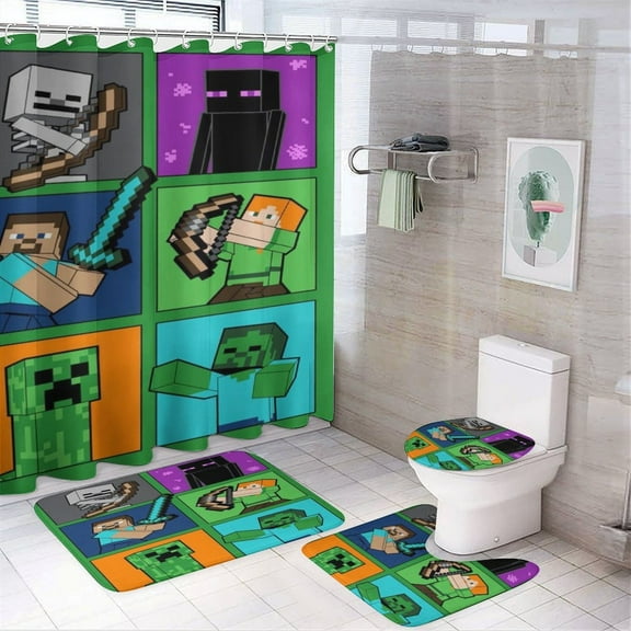 Minecraft Power 4 Pcs Shower Curtain Sets Non-Slip Rugs Bath Mat Toilet Cover U Shaped Mat for Bathroom Decor Bathroom Set 72" X 72"
