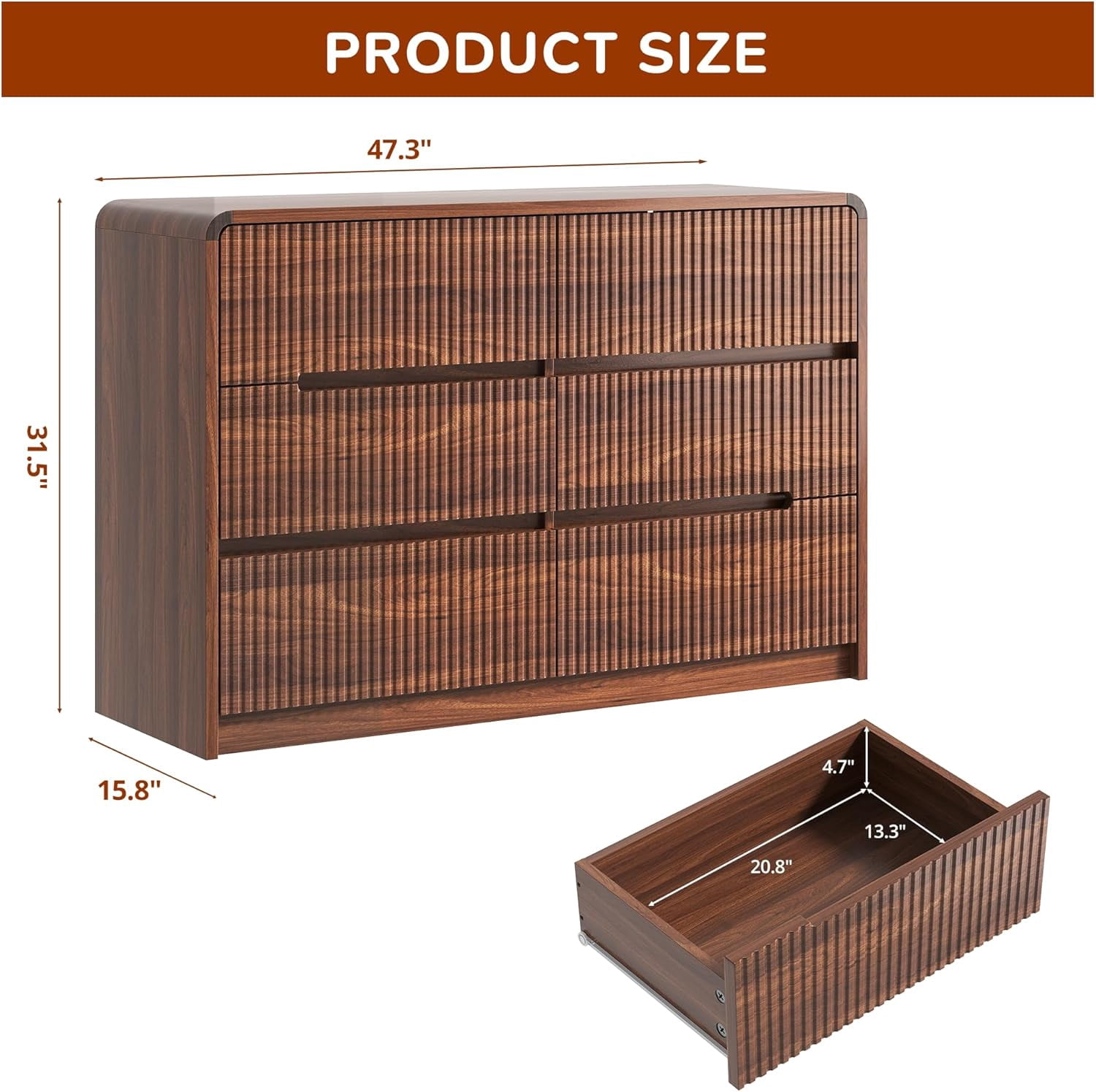 Fluted Dresser for Bedroom, 6 Drawer Dressers for Closet 48" Wide Large Wood Dresser Modern TV Stand, Wooden Clothes Storage Organizer Chest of Drawers for Living Room Hallway Entryway
