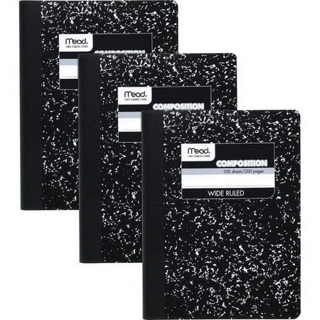 Mead Wide Ruled Comp Book - 100 Sheets - 100 Pages - Sewn - 9 3/4" x 7 1/2" - 9" x 7"0.5" - Black Marble Cover - Multiplication Table, Conversion Table, Reference Page - 3 / Pa | Bundle of 10 Packs