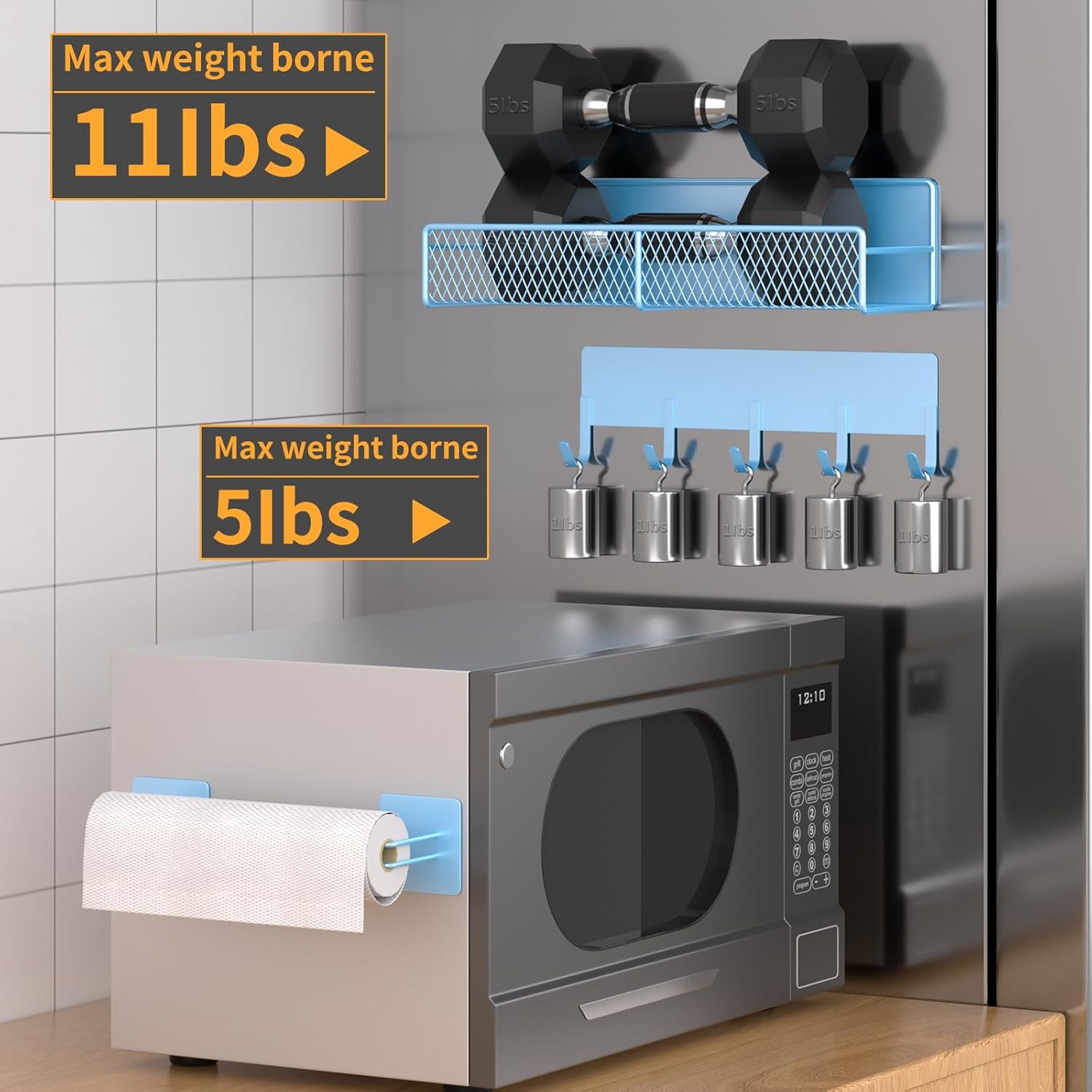 Magnetic Spice Rack for Refrigerator, 10 Pack Metal Magnetic Shelf, Moveable Spice Organizer with Hook Rack, Paper Towel Holder, Kitchenware Holder, Strong Magnetic Storage Fridge Organizer Blue